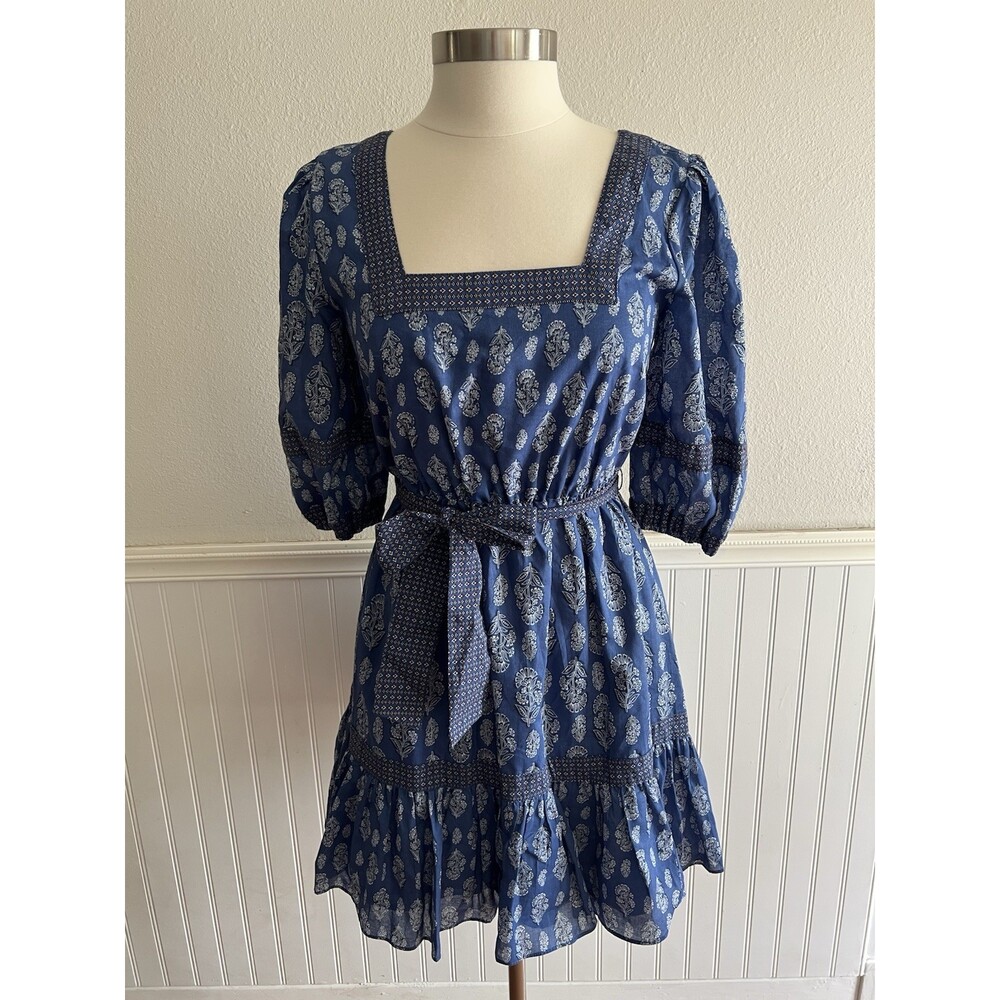 Women's Tiered Mini Peasant Dress Puff Sleeve Belted Cotton Blue White Floral S